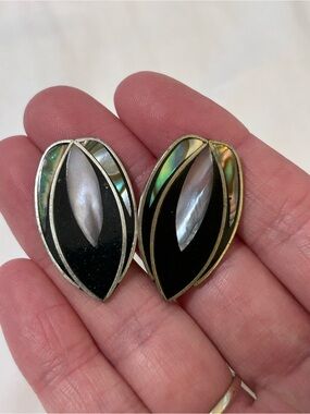 Sterling Inlay Leaf Earrings in Black and Iridescent Shell